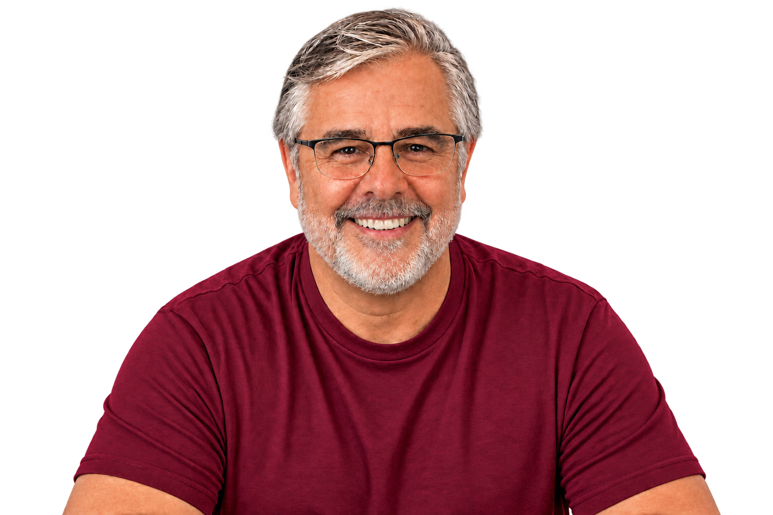 Old Man Chris smiling in a maroon shirt